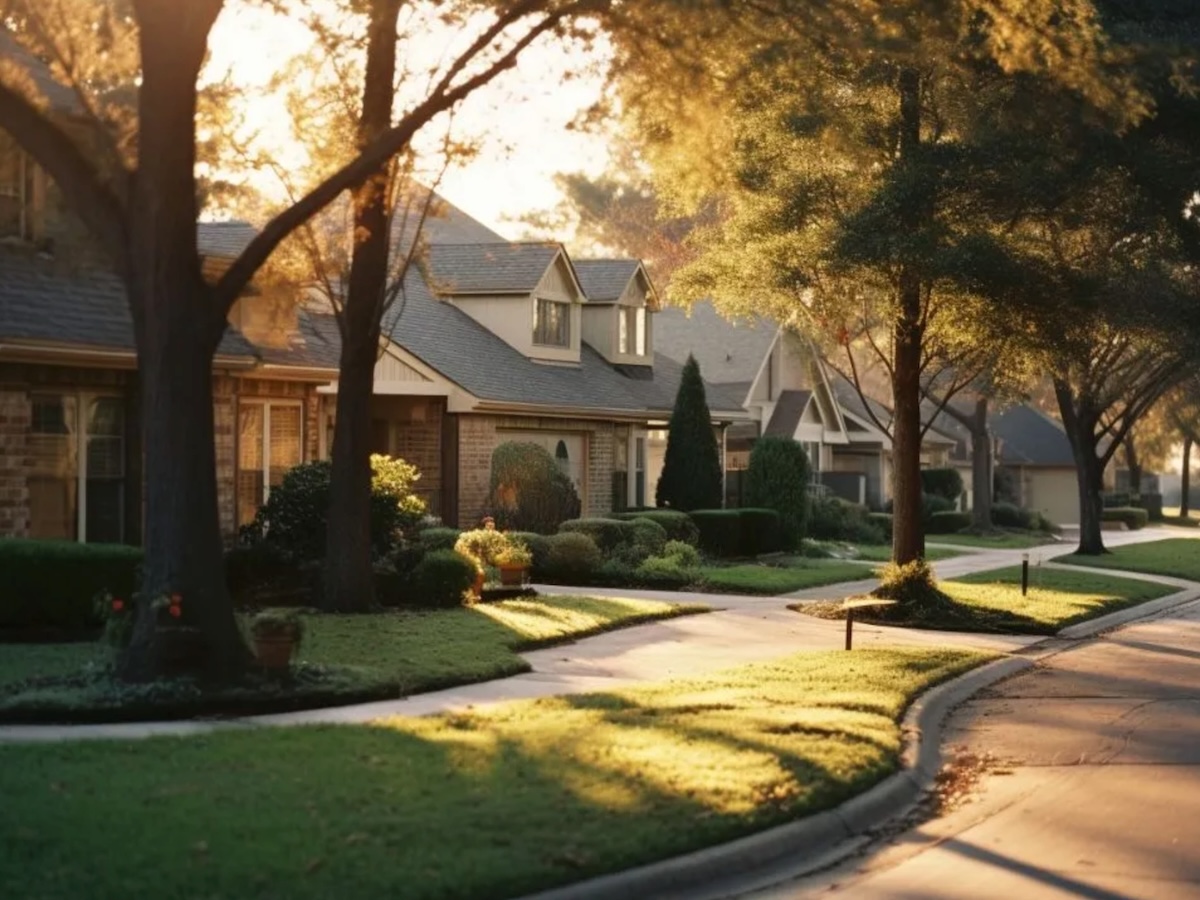Termite Control Service in Cypress, Texas Residential street in Cypress, Texas, with houses, trees, and warm sunlight