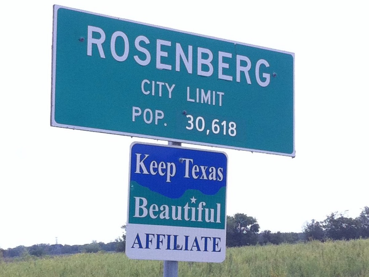 Termite Control Service in Rosenberg, Texas Rosenberg city limit sign with population and 'Keep Texas Beautiful' affiliate sign
