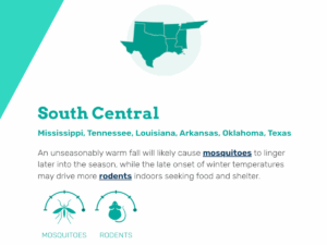 Illustration showing the “South Central” U.S. region — Mississippi, Tennessee, Louisiana, Arkansas, Oklahoma, and Texas — highlighted on a map. Text explains that an unseasonably warm fall will keep mosquitoes active longer and push more rodents indoors in search of food and shelter. Icons depict a mosquito and a mouse labeled “MOSQUITOES” and “RODENTS.”