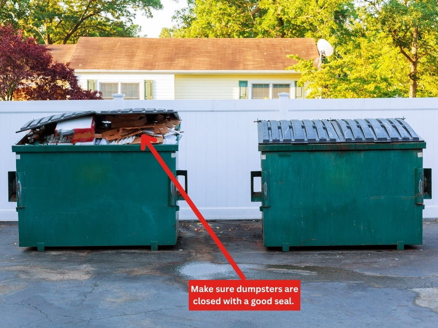 One dumpster is overflowing and unsealed while the other is closed properly. Open or overfilled dumpsters attract rodents and wildlife. This image illustrates the importance of keeping lids shut and managing waste disposal effectively.